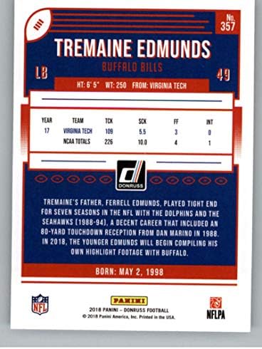 2018 Donruss כדורגל 357 טרמיין אדמונדס RC כרטיס הטירון הבאפלו בילס טירון הרשמי NFL מסחר כרטיס