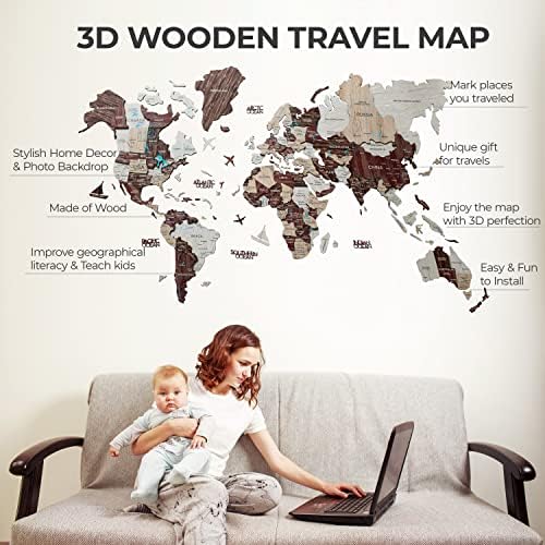 3D ווד מפת העולם – 3D קיר בעיצוב עץ עם מפת העולם – התקנה קלה עם קלטת דו צדדית – כולל תוספות- פרמיה עמיד דיקט – אידיאלי