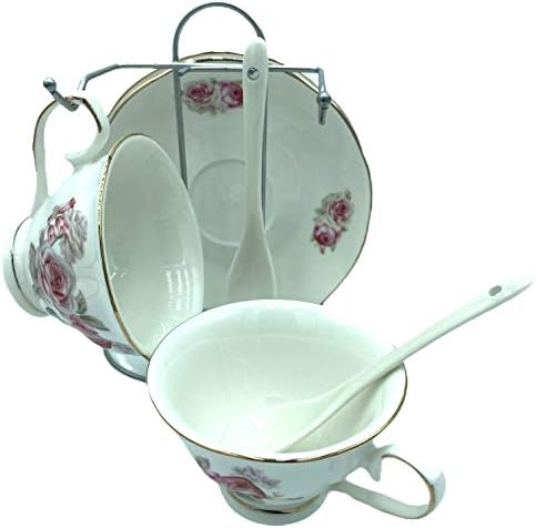 Viktorwan פורצלן תה כוס צלחת כוס קפה עם סט צלחת וכפית, סט של 7 (2 ספלי תה, 2 צלחות, 2 כפות, ו-1 הסוגר)